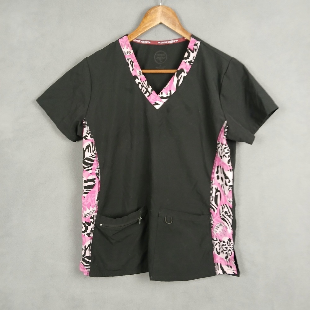 Divine Stretch By JDM Scrub Top‎ Womens Small Black Pink Abstract V Neck Medical